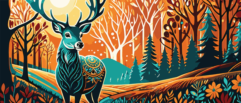 Vibrant Folk Art Deer Silhouette with Intricate Floral Antlers and Geometric Tribal Patterns in a Rustic Forest Scene, Featuring Earthy Tones and Bright Colors for a Unique Linocut-Style Artwork