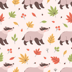 Seamless pattern with cute badger and autumn leaves. Flat, hand drawn texture for wallpaper, textile, fabric, paper. Vector illustration in flat style