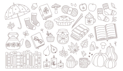Autumn elements set. Cute and cozy seasonal objects. Fall, Thanksgiving Day. Autumn coloring book. Vector illustration in flat style