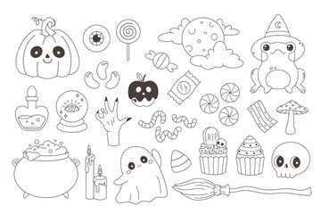 Halloween stickers set with ghost, pumpkin, cauldron, potion, frog, full moon, candies, eye, broom, skull. Halloween coloring book. Vector illustration in flat style