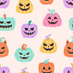 Seamless pattern with scary Halloween pumpkins. Happy Halloween, trick or treat. Vector illustration in flat style