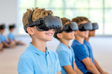 Group of boys in blue shirts wearing virtual reality headsets, engaged in immersive learning or entertainment in a classroom 