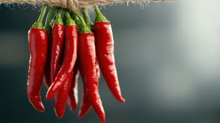 A detailed close-up shot of a bunch of red chili peppers hanging together from a rope, highlighting their fiery red color and adding a spicy, decorative touch.