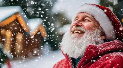 A person wearing a Santa hat and red jacket is seen standing outdoors as snow falls, radiating holiday cheer and the warm spirit of Christmas amidst a snowy landscape.