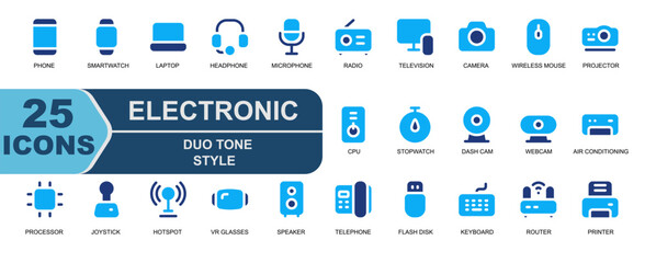 Fototapeta premium electronic icon set.duo tone style.contains clock,laptop,headphone,earphone,microphone,mic,radio,television,smart TV,camera.