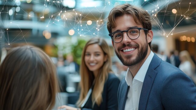 A confident man in glasses smiles amidst colleagues in an office, with a digital network overlay symbolizing connectivity and collaborative innovation.