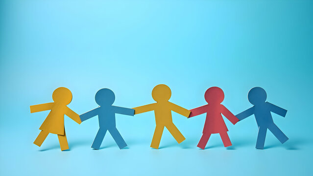 Colorful paper cutout figures holding hands on a blue background, symbolizing teamwork and unity