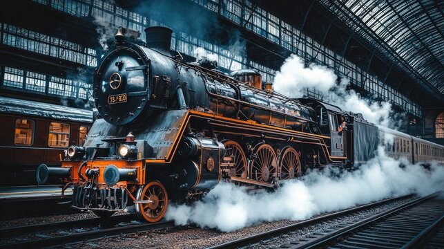 A vintage steam locomotive emitting steam in a bustling train station.