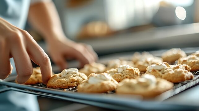 Two hands are seen delicately adding white frosting atop freshly baked cookies in a kitchen setting, emphasizing finesse and the final touch in the baking process.