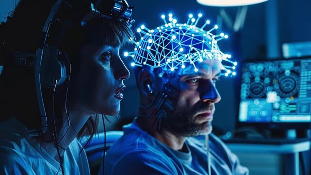 Scientists working in a technologically advanced laboratory using a neural interface headset to analyze brain activity, neural connections, and cognitive functions