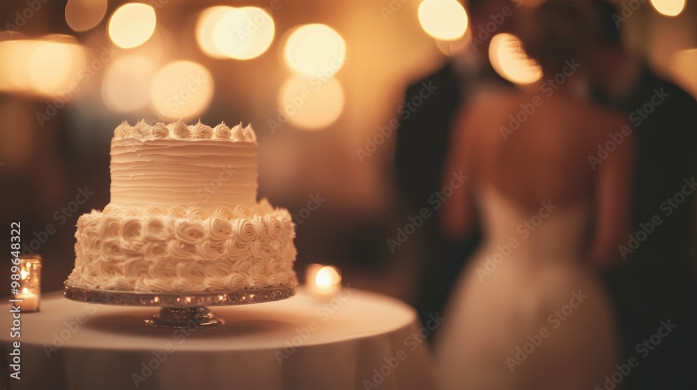 Wall mural A beautifully decorated wedding cake on a table, with a blurred couple in the background.