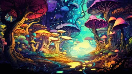 Obraz premium A Surreal and Colorful Forest of Giant Mushrooms