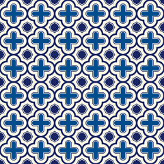 Naklejka premium Oriental traditional pattern. Maroccan mosaic tiles. Repeated crosses and stars abstract ornament. Quatrefoil figures wallpaper. Arabesque digital paper, textile print. Vector seamless surface design