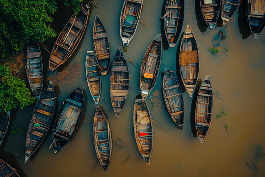 Aerial view of traditional fishing boats in Bojo River.