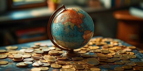 Globe and coins placed on world map, soft light reflecting travel and finance