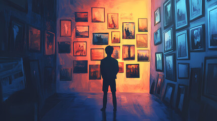Person admiring a gallery of artwork in a room. generative ai. Mixed Media. Illustration