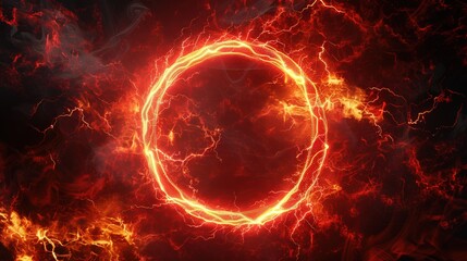 Obraz premium A glowing electric red hologram circle with lightning radiating outward on a dark background.