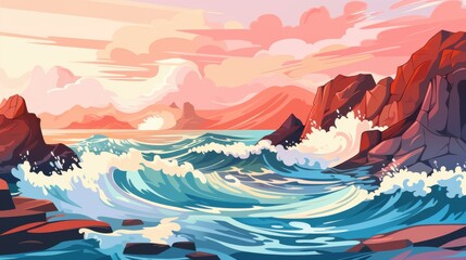 Ocean Waves Crashing Against Rocky Coastline at Sunset