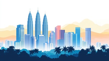 Fototapeta premium Minimalist Vector Illustration of Kuala Lumpur's Skyscrapers Over White Background - Representing Malaysia's Urban Landscape