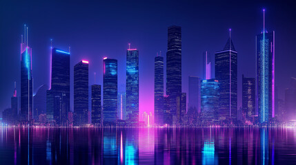 Fototapeta premium Futuristic city skyline at night, illuminated by neon lights and skyscrapers
