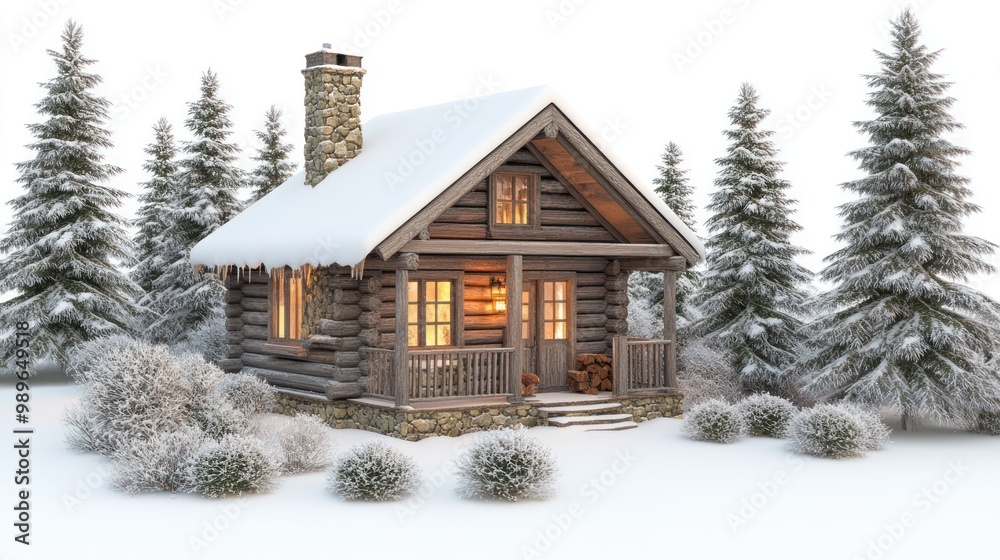 Poster A cozy log cabin surrounded by snow-covered trees in a winter landscape.