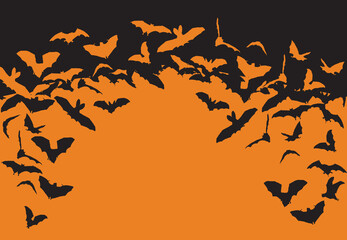 Halloween banner with swirling bats on orange background