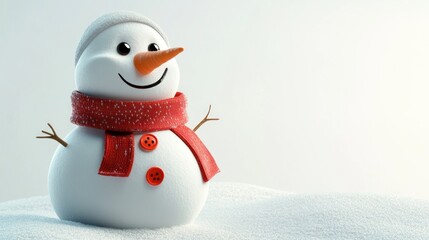 A cheerful snowman with a carrot nose and scarf, set against a snowy background.