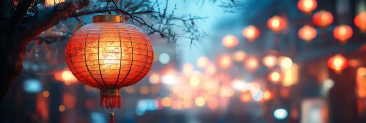 Obraz premium Vibrant lantern illuminating the night, surrounded by a softly blurred festive atmosphere, captivating and enchanting ambiance