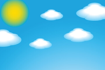 Simple cartoon illustration of a bright blue sky with white clouds and a yellow sun.