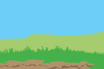 Simple illustration of green grass and a brown dirt patch under a blue sky.