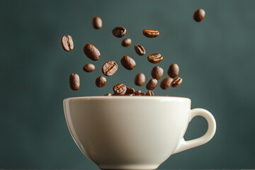 Coffee beans falling into an isolated white cup of coffee