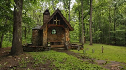 A serene outdoor chapel in a forest, offering a place of peace and prayer in nature
