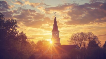 Obraz premium A serene sunrise over a church steeple, symbolizing new beginnings and the hope found in faith
