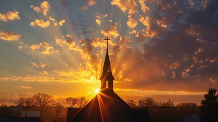 Obraz premium A serene sunrise over a church steeple, symbolizing new beginnings and the hope found in faith