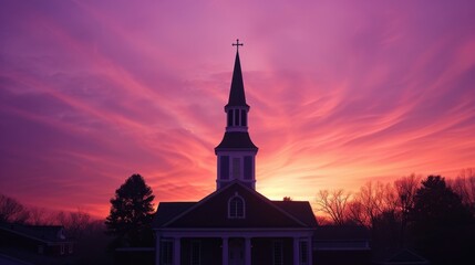 Fototapeta premium A serene sunrise over a church steeple, symbolizing new beginnings and the hope found in faith
