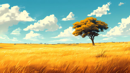Savanna scenery, golden grasslands, distant wildlife brings the spirit of adventure to life. Savannah Grasslands. Illustration