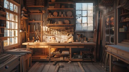 A woodworking studio with neatly arranged tools, wooden planks, and a workbench illuminated by soft light