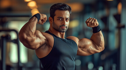 A bodybuilder in his late thirties flexes his biceps in a well-lit gym, wearing a black sleeveless shirt and wristbands that highlight his muscular build.