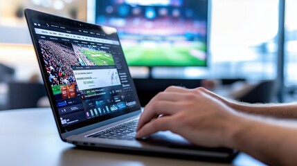 Person Using Laptop for Online Cricket Betting with Live Match on Screen in Modern Setting