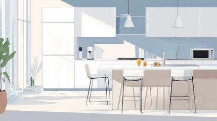 Fototapeta premium Modern Chic Kitchen Interior Blend of 2D Flat Vector Art and Photographic Sketch - Contemporary Furniture Design Concept