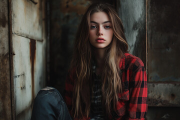 Fototapeta premium Young woman in a checkered shirt in grunge style
