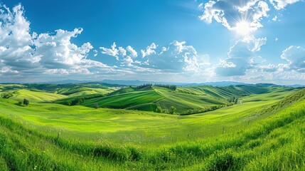 Fototapeta premium Landscape of rolling hills, picturesque countryside with green fields and scenic meadows, rural farmland in a sunny summer morning.