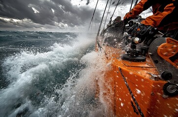 Fototapeta premium A dynamic scene capturing rough sea conditions with waves crashing against an orange vessel, emphasizing adventure and the power of nature.