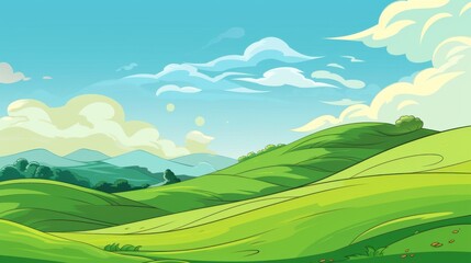 Obraz premium Cartoon Landscape with Rolling Green Hills and Blue Sky with Clouds