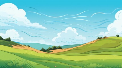 Obraz premium Cartoon Illustration of Rolling Green Hills Under a Blue Sky with Clouds