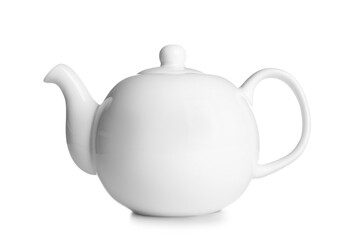 Stylish ceramic teapot on white background