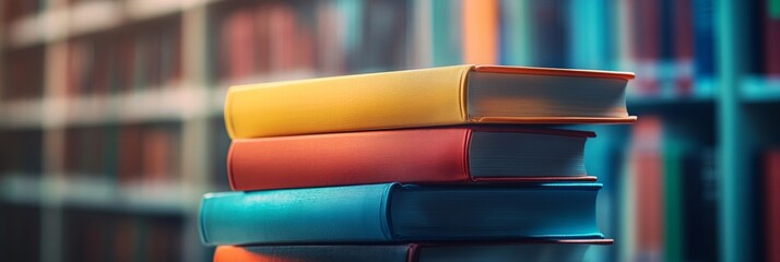 Vibrant business books stacked high, softly blurred library ambiance in the background, inviting knowledge and inspiration.