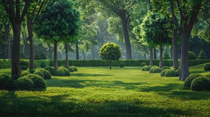 Obraz premium Vibrant green lawn featuring expertly manicured shrubs, establishing a serene and peaceful garden atmosphere