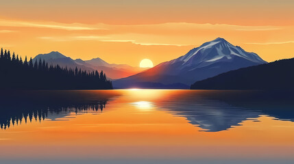 Obraz premium Sunset over mountain lake reflection. Mountain Lake. Illustration