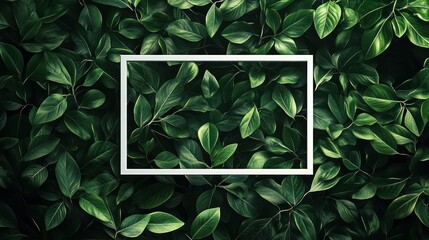 A lush arrangement of green leaves with a white rectangular frame in the center.